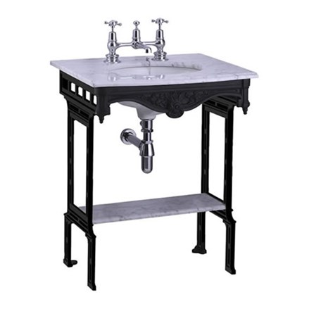 Carrara marble top & basin with black aluminium washstand (shown without back and side splash) & shelf